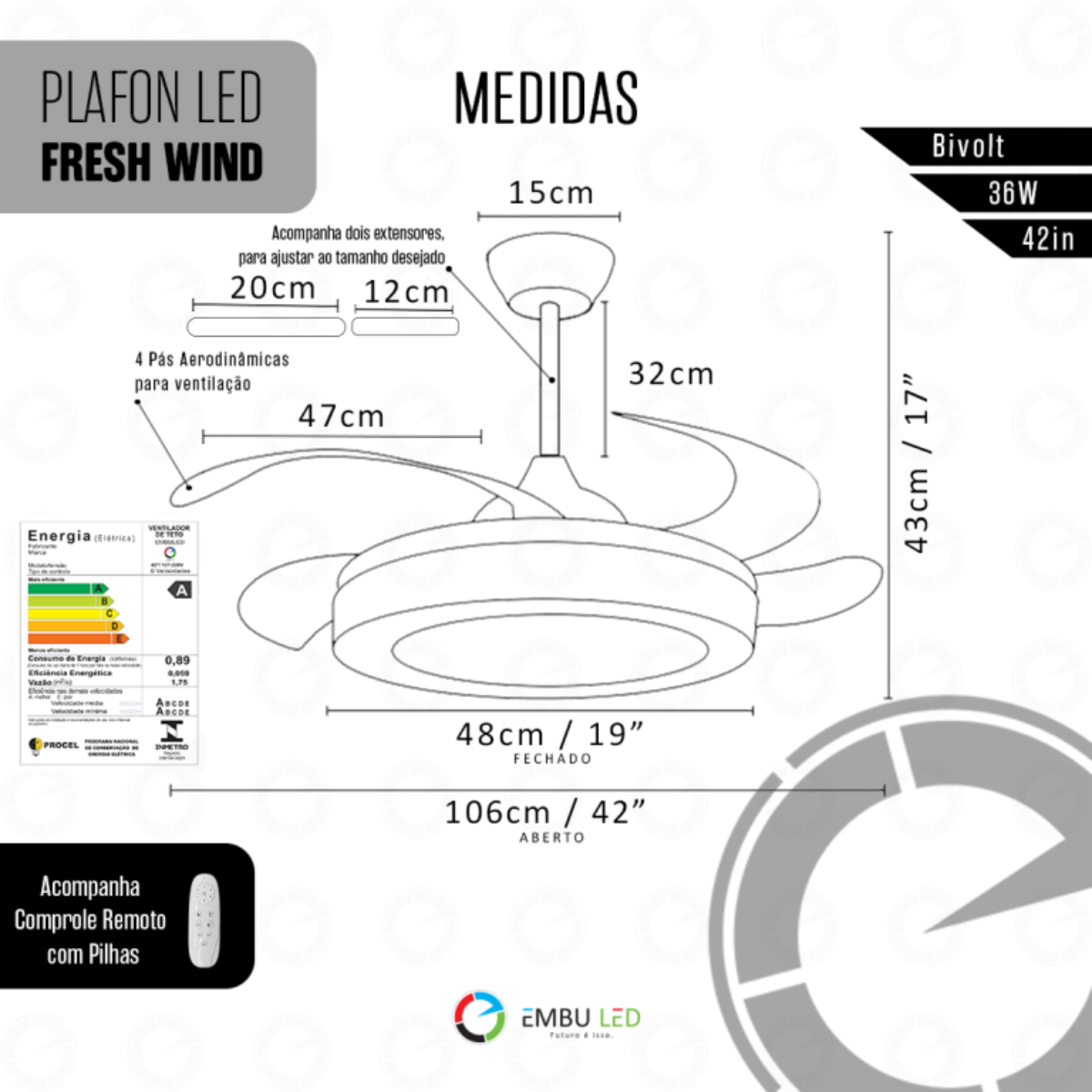 Ventilador Plafon Retrátil Teto Controle Remoto Led 4 Pás Fresh Wind Slim Branco - 3