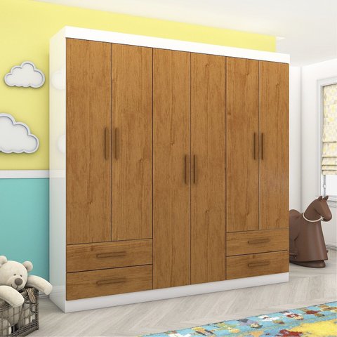 Guarda-Roupa 6 Portas 4 Gavetas Infantil Perola Marrom/Branco/Cinamomo