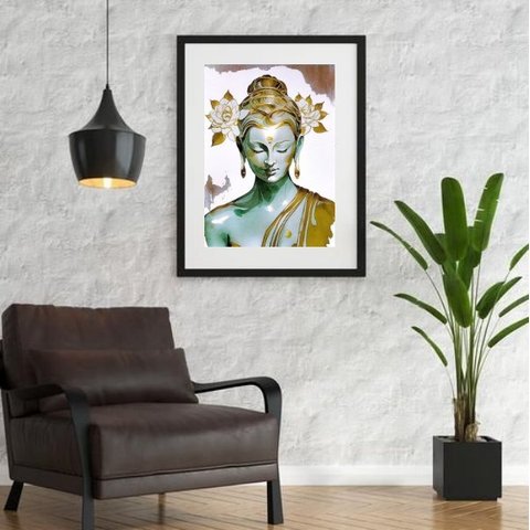 Quadro Buda Branco com Dourado - 60x48cm:madeira Branca