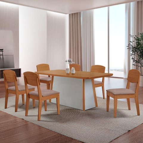 Mesa de Jantar Diane 180cm Tampo Mdf Canto Copo e 6 Cadeiras Linho Capuccino /naturale /off White