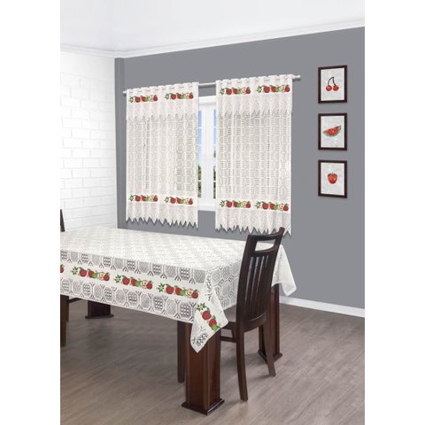 Kit Cozinha Renda Cortina e Toalha Mesa 4 Lugares - Frutas