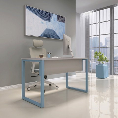 Escrivaninha Mesa Escritório X 150cm Industrial Cinza e Azul Dali