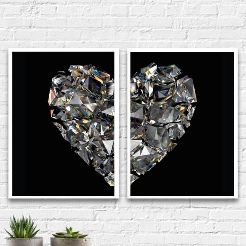 Kit 2 Quadros Coração De Diamantes 33x24cm:Madeira preta