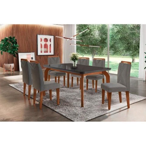 Sala de Jantar Completa Londrina Tampo Madeirado C- Vidro Curvo 180x90 e 6 Cadeiras Amsterdã Imbuia