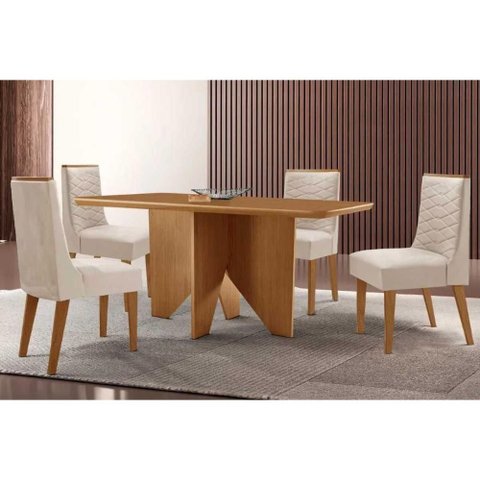 Conjunto: Mesa de Cozinha Nevada Curvo 120cm + 4 Cadeiras Maldivas Madeira Naturale - Capuccino/