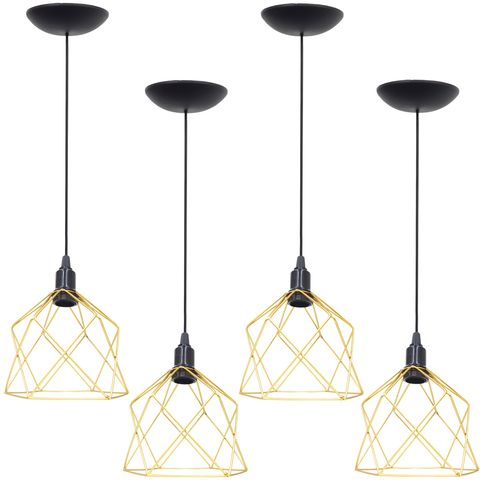 4 Pendentes Aramado Cálice Luminária Lustre Teto Retrô Vintage Industrial Balcão Dourado