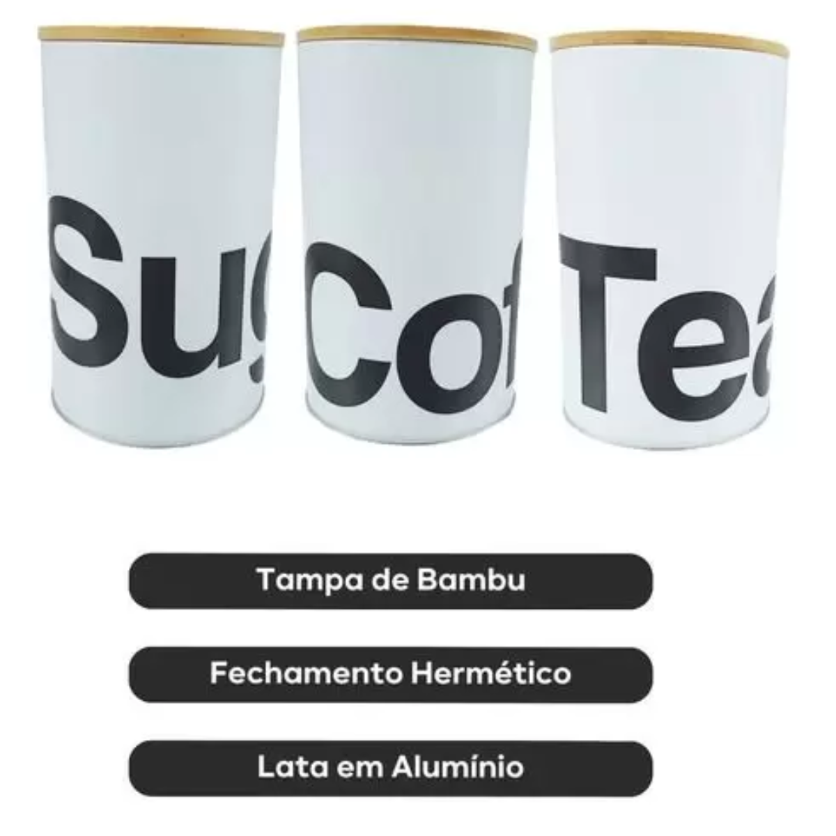 Kit 3 Porta Mantimento Café Açúcar Chá Hermético Tampa Bambu:branco - 3