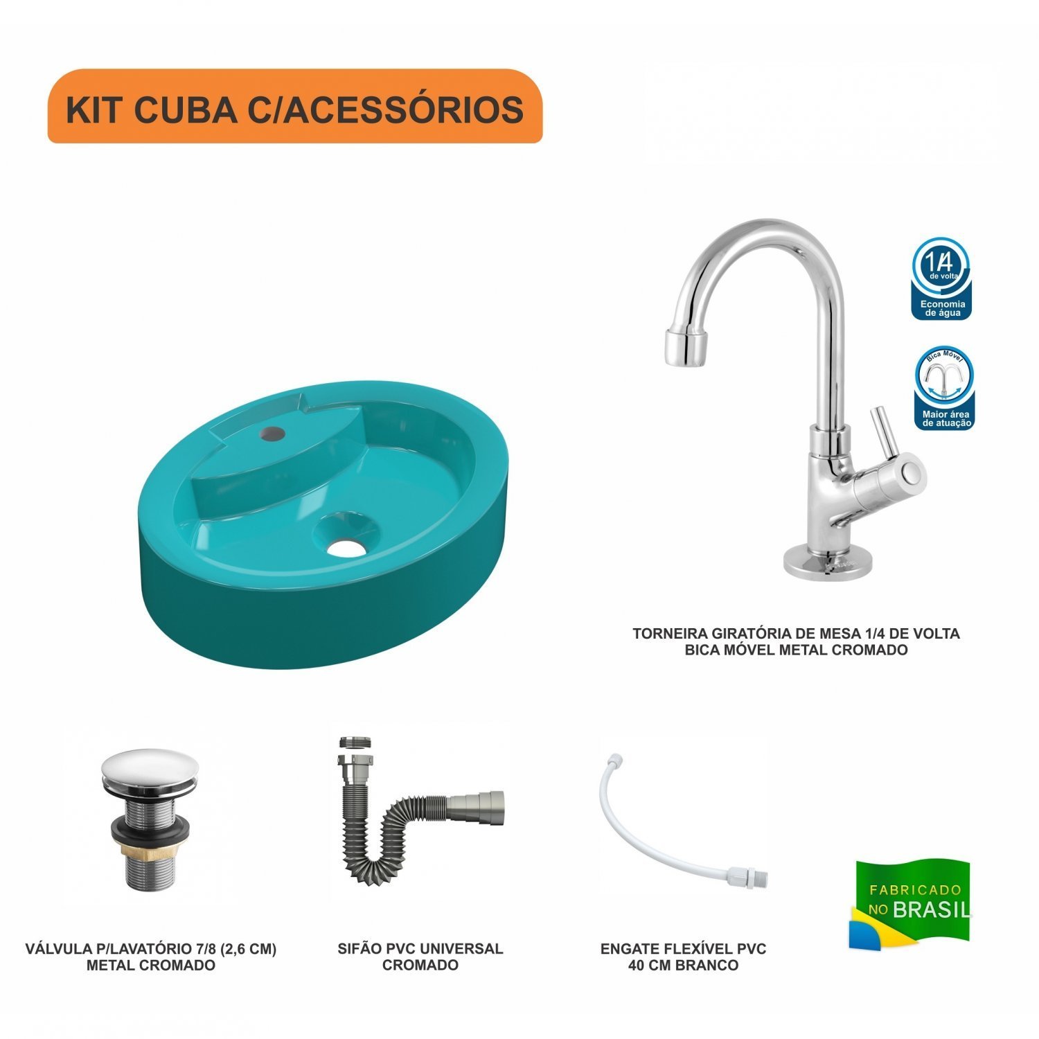 Kit Cuba Ov43 com Torneira 1198 Metal e Válvula Click 1 Polegada G e Sifão Cromado e Flexível Compac - 3