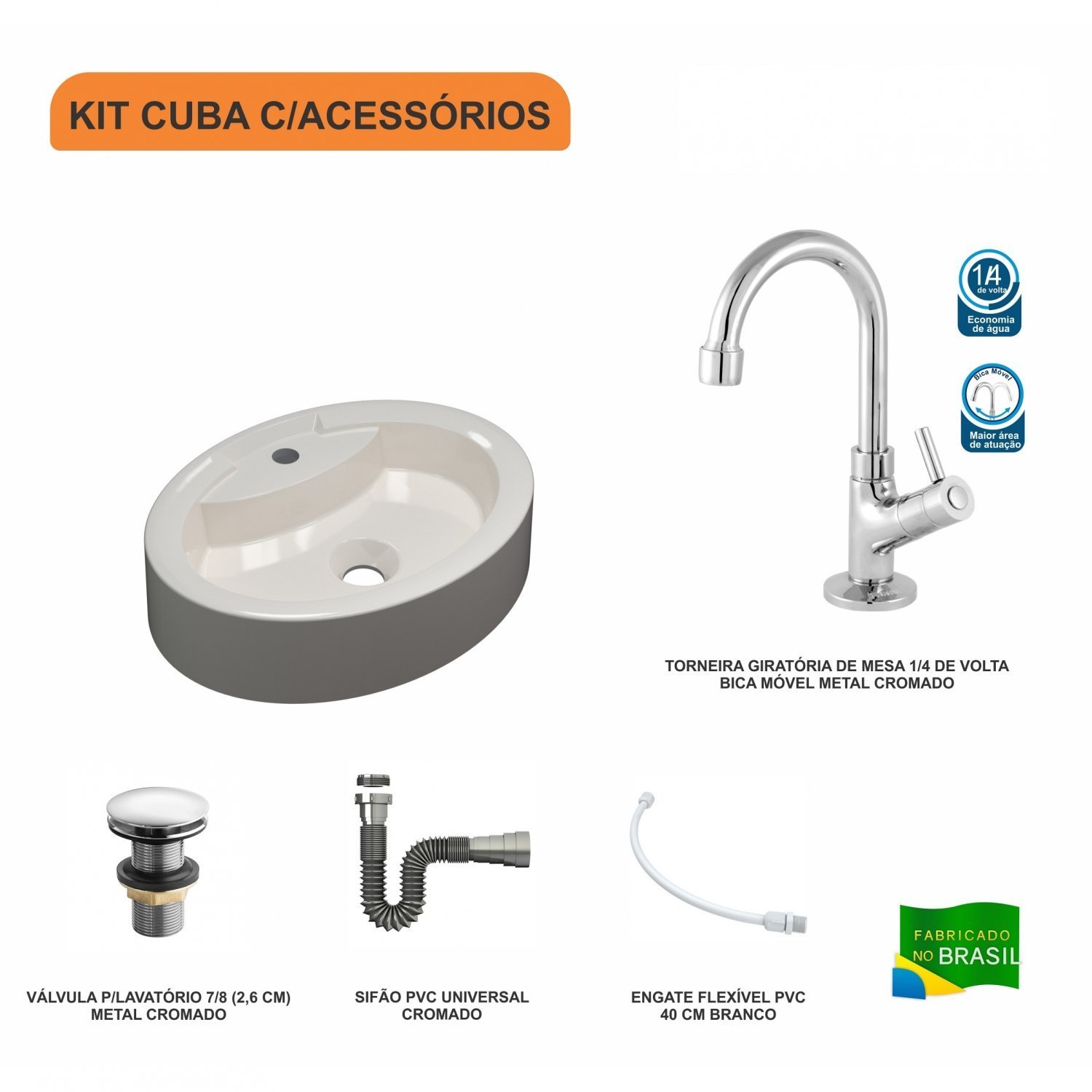 Kit Cuba Ov43 com Torneira 1198 Metal e Válvula Click 1 Polegada G e Sifão Cromado e Flexível Compac - 3