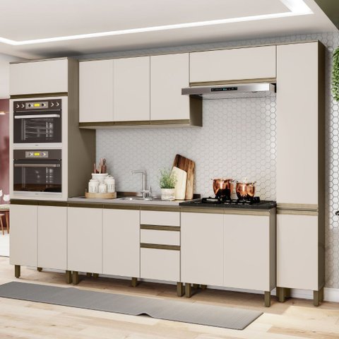 Cozinha Modulada 306,5cm Completa 6 Peças com Torre Quente e Paneleiro 14 Portas 2 Gavetas Connect H