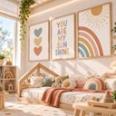 Ver imagem 3 de Kit 3 Quadros Infantil Arco Íris Quarto Bebê Menina 40x60 Moldura Madeira NO2