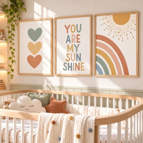 Kit 3 Quadros Infantil Arco Íris Quarto Bebê Menina 40x60 Moldura Madeira NO2