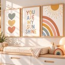 Ver imagem 2 de Kit 3 Quadros Infantil Arco Íris Quarto Bebê Menina 40x60 Moldura Madeira NO2