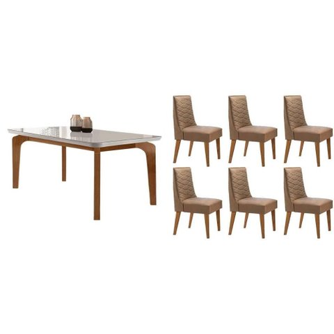 Conjunto: Mesa de Cozinha Londrina Tampo c/ Vidro Curvo 180cm+6 Cadeiras Dafne Madeira Naturale/Off