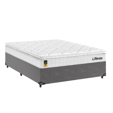 Cama Box Casal Cinza + Colchão Life D33 Pillow Top Branco 56x138x188cm - e-Shop Casa