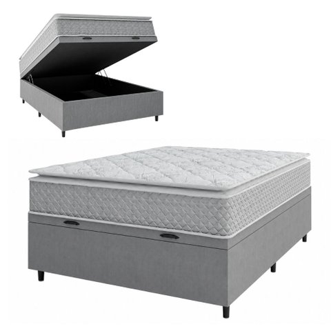 Cama Box Baú Casal Colchão Molas Ensacadas Pillow Top Perfect 138x188x74cm Cinza/Branco Umaflex