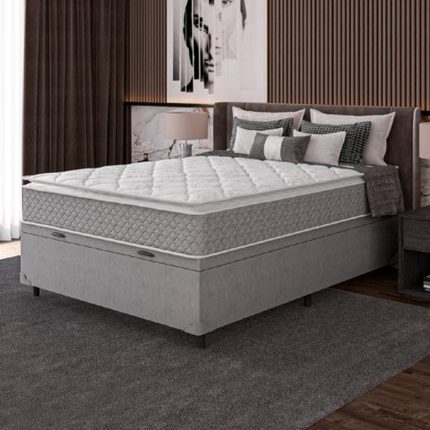 Cama Box Baú Casal Colchão Molas Ensacadas Pillow Top Perfect 138x188x74cm Cinza/Branco Umaflex