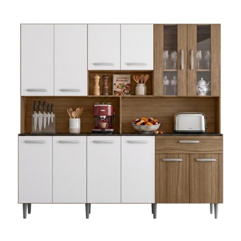 Armário de Cozinha Completa Bia 12 Portas 1 Gaveta 180cm Madeirado e Branco Poliman Móveis