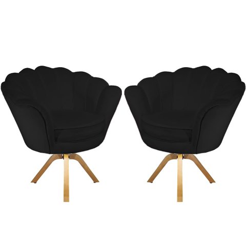 Kit 2 Poltronas Decorativa Pétala Base Giratória Madeira Suede Preto Mz Decor
