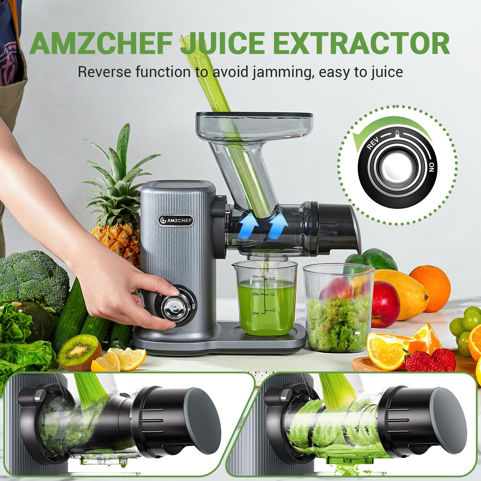 Amzchef Juicer Centrífuga com Triturador Espiral, Motor Silencioso (pálido) - 7