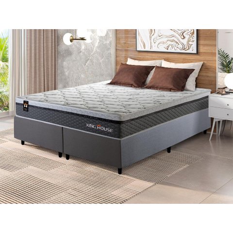 Conjunto Cama Box Super King c/ Molas Ensacadas Benton Cinza 193x203x71