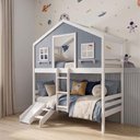 Ver imagem 1 de Beliche Casinha Dos Sonhos com Escada/ Escorregador Madeira Maciça Branco|Azul Housin