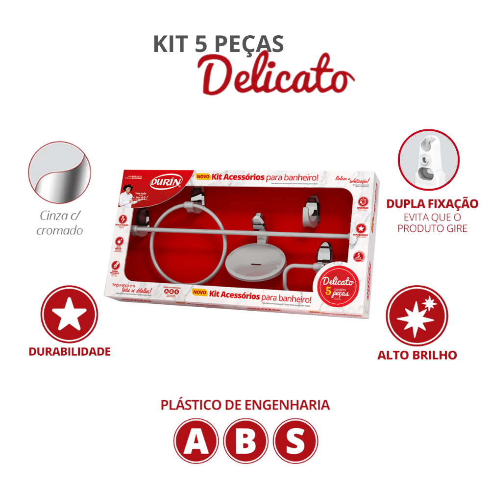 Kit Acessórios para Banheiro 5 Peças Linha Delicato Cor Cinza e Cromado Durín - 2