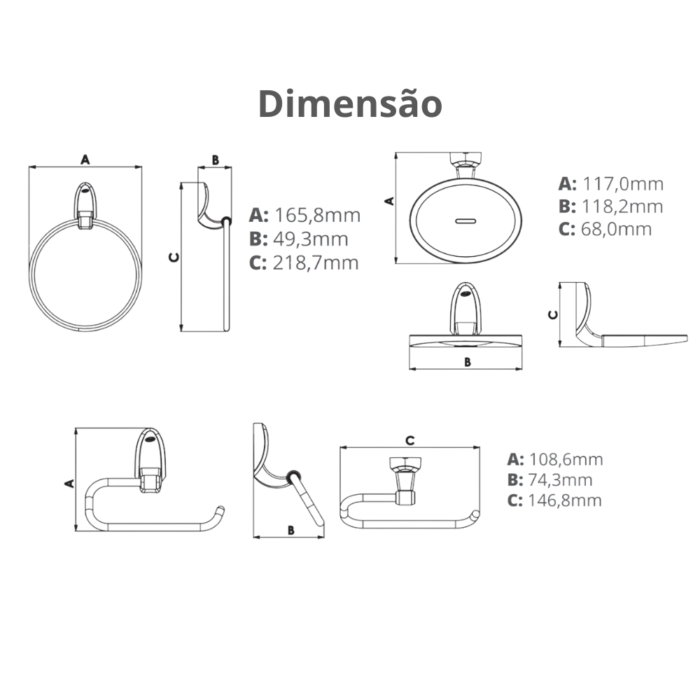 Kit Acessórios para Banheiro 5 Peças Linha Delicato Cor Cinza e Cromado Durín - 4