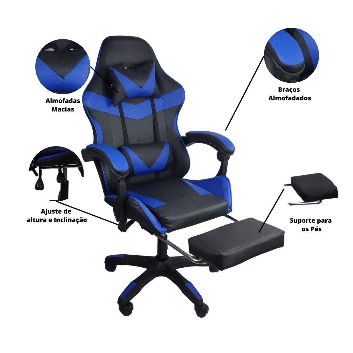 Cadeira Gamer Stillus Ergonômica com Apoio para Os Pés - Azul - 5