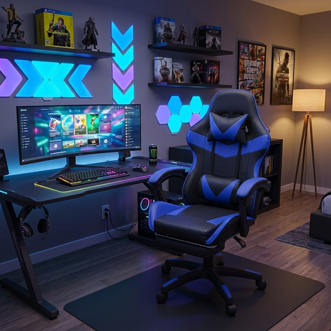 Cadeira Gamer Stillus Ergonômica com Apoio para Os Pés - Azul + E-book