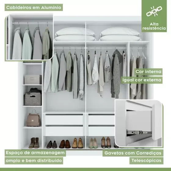 Guarda Roupa Casal Com Espelho 2 Portas 4 Gavetas Velaris Lopas Branco/Amendoa Clean - 5