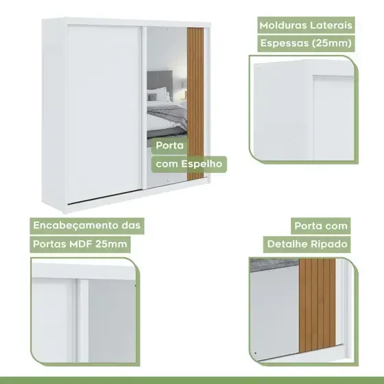 Guarda Roupa Casal Com Espelho 2 Portas 4 Gavetas Velaris Lopas Branco/Amendoa Clean - 4