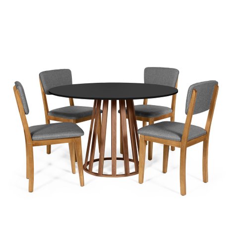 Mesa de Jantar Redonda Gabi Pret/nor com 4 Cadeiras Estofadas Ella Cinza Escuro