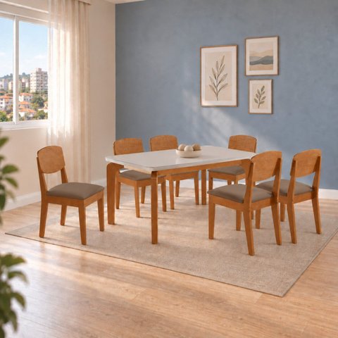 Conjunto de Mesa de Jantar Dublin 180 Tp MDF Vidro Canto Copo 6 Cadeiras Cleo