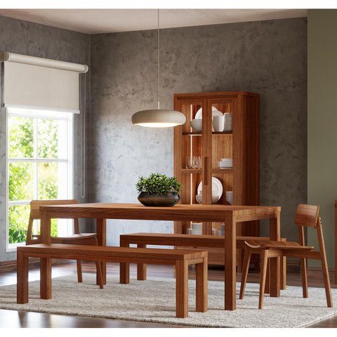 Conjunto Sala Jantar Nature: Cristaleira, Mesa, Banco e Cadeiras Rústico Escuro Madeira Pinus