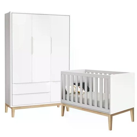 Jogo de Quarto Classic Guarda Roupa 3 Portas e Berço Branco Fosco com Pés Madeira Natural - Reller