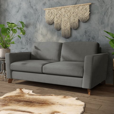 Sofá Sala de Estar Living 3 Lugares 280cm Presley Pés Madeira Veludo Cinza G52 - Gran Belo