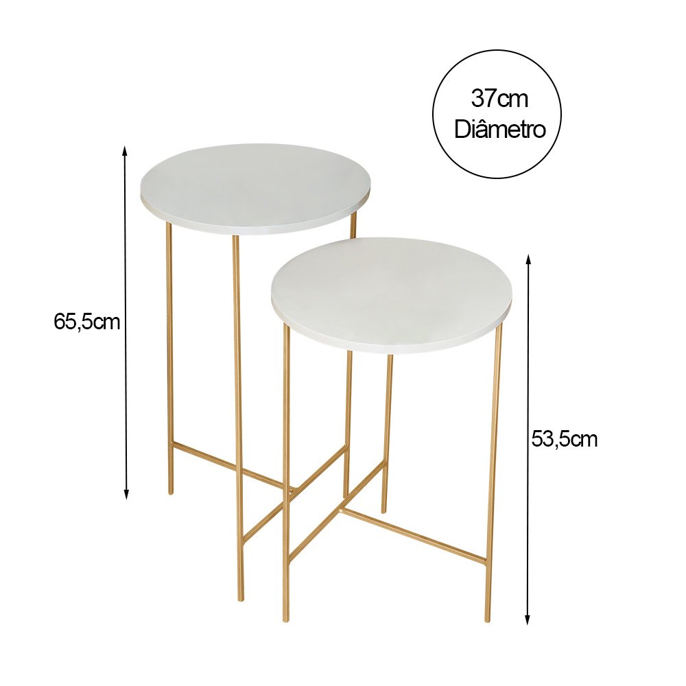 Jogo com 2 Mesas de Canto Redonda para Sala de Estar Lírio Off White Base Dourada - 4