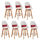 Ver imagem 1 de Kit 07 Banquetas Alta Maya Giratória Com Encosto Gourmet Linho Bege e Almofada Suede Vermelho -