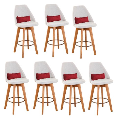 Kit 07 Banquetas Alta Maya Giratória Com Encosto Gourmet Linho Bege e Almofada Suede Vermelho -