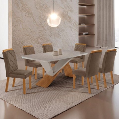 Mesa de Jantar Yasmin 180 Tampo com Vidro 6 Cadeiras Melissa Veludo Capuccino/Nat/Off/Serig. Off