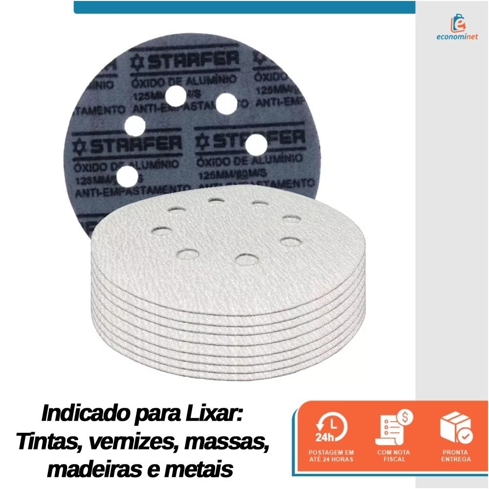 Kit 100 Disco de Lixa Velcro Branco Pluma 8 Furos 115mm Grão 150 - Starfer - 2