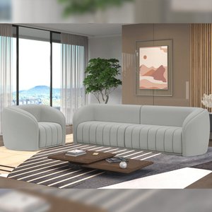 Conjunto Sala de Estar Sofá 292cm 4 Lugares e Poltrona Adam Veludo Cinza Claro G45 - Gran Belo Conju