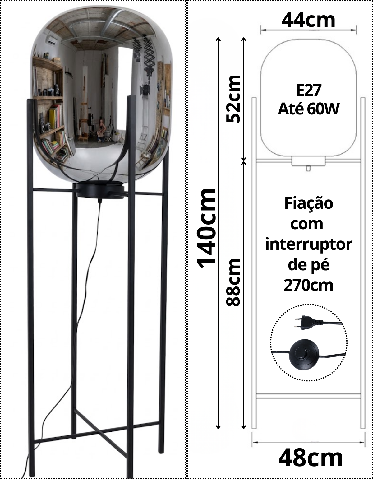 Ver imagem 2 de Luminária de Chão Piso 140cm Globo Vidro Fumê Cinza Espelhada Coluna Pedestal Lv-ash-4 Gimpo