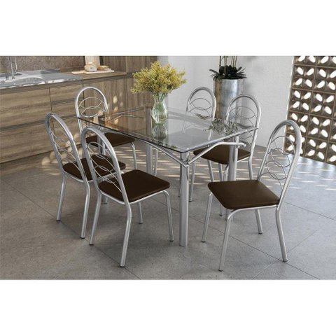 Kit Mesa Elba C- Tampo de Vidro 120cm + 6 Cadeiras Holanda Cromado Marrom