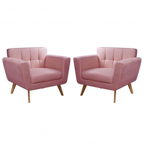 Kit 2 Poltronas Bruna Suede Pés Palito Espuma D26 Rosa 280 Bella Decor