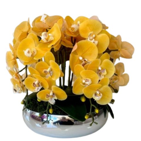 Arranjo Grande 8 Flores Orquídeas Real Amarelas Vaso Prata