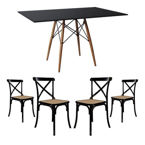 Jogo de Mesa Eiffel Retangular Tampo de Madeira 120x75cm Preto com 4 Cadeiras Katrina Preto Assento