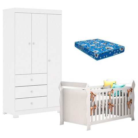 Berço Americano Lara e Guarda Roupa Duda 3 Portas Branco Brilho com Colchão Ortobom – Phoenix Baby