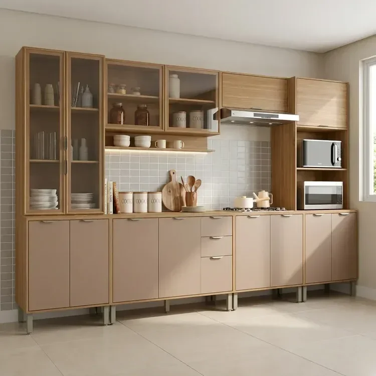 Cozinha Compacta Modulada 6 Peças 340cm 15 Portas e 2 Gavetas Colors Marrom Freijó/Pinole